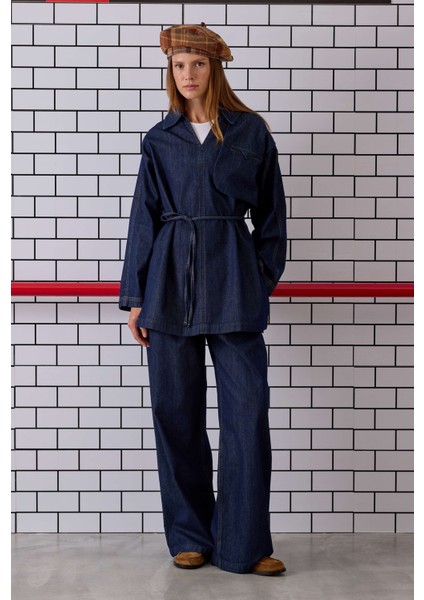 Pile Detaylı Denim Pantolon Mavi fırsatları