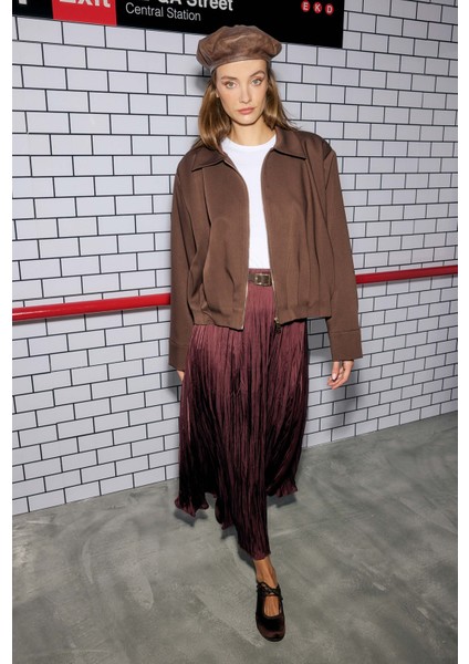 Pile Detaylı Poliviskon Ceket Kahve