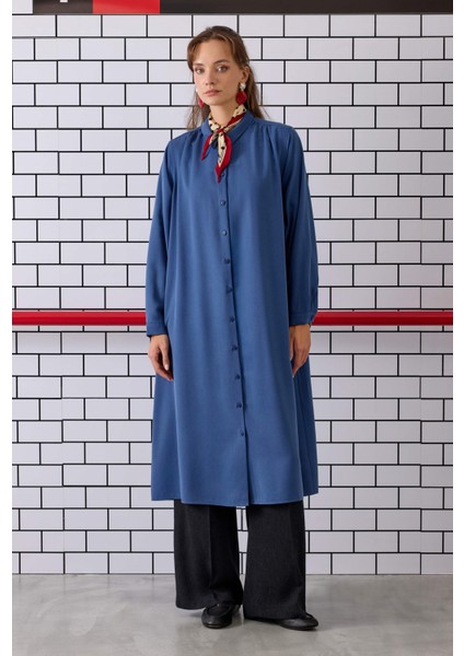 Omzu Büzgülü Gömlek Kot Mavi