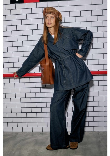 Cep Detaylı Denim Tunik Mavi