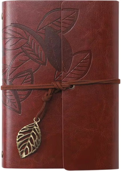 Vintage Yaprak Motifli Pu Deri Defter – 80 Sayfa Çizgisiz Günlük, 14.5X10.5 Cm, Yaprak Şeklinde Metal Kapatmalı Retro Ajanda & Not Defteri, Seyahat Defteri, Travel Journal