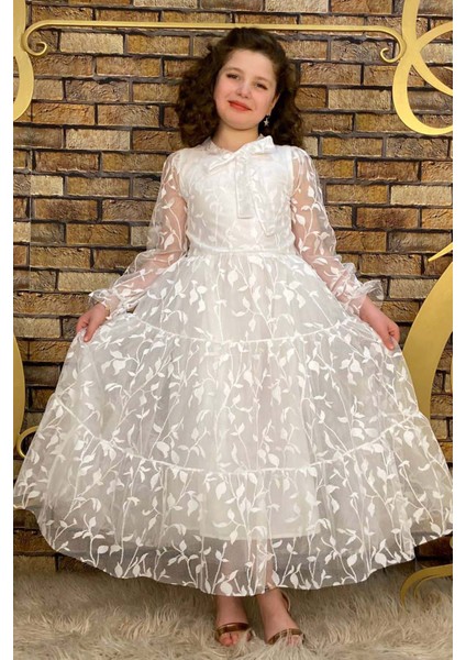 Kız Çocuk Kolları ve Yakası Şeffaf Tüllü ve Yaprak Detaylı Beyaz Elbise