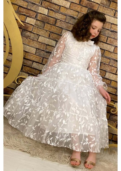Kız Çocuk Kolları ve Yakası Şeffaf Tüllü ve Yaprak Detaylı Beyaz Elbise fiyatları