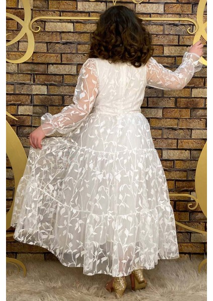 Kız Çocuk Kolları ve Yakası Şeffaf Tüllü ve Yaprak Detaylı Beyaz Elbise modelleri