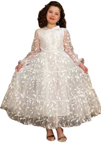 Kız Çocuk Kolları ve Yakası Şeffaf Tüllü ve Yaprak Detaylı Beyaz Elbise indirimleri