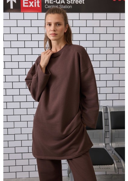Uzun Rahat Kesim Sweatshirt Acı Kahve