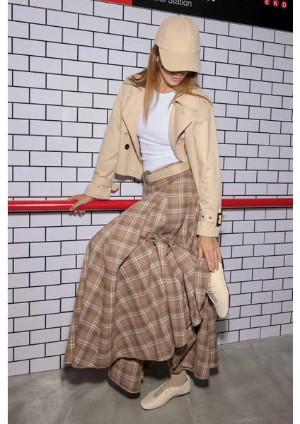 Volanlı Ekose Etek Bej