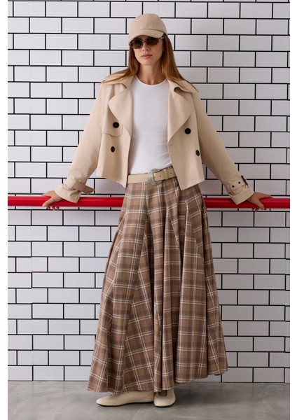 Volanlı Ekose Etek Bej fiyatları