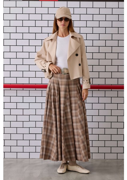 Volanlı Ekose Etek Bej fırsatları