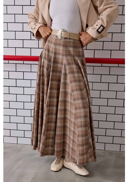 Volanlı Ekose Etek Bej indirimleri