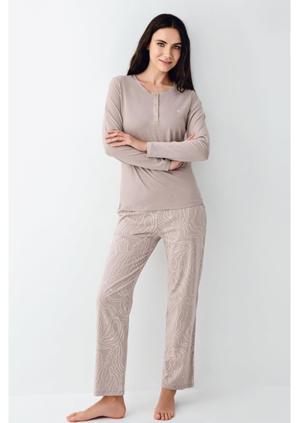 Paris Büyük Beden Kadın Modal Pamuklu Vizon Düğmeli Uzun Kollu Pijama Takım