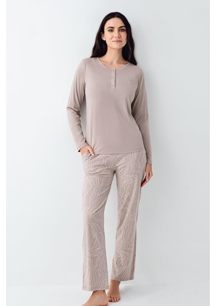 Paris Büyük Beden Kadın Modal Pamuklu Vizon Düğmeli Uzun Kollu Pijama Takım fiyatları
