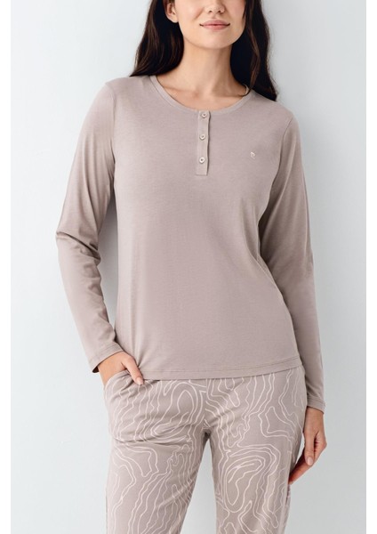 Paris Büyük Beden Kadın Modal Pamuklu Vizon Düğmeli Uzun Kollu Pijama Takım modelleri