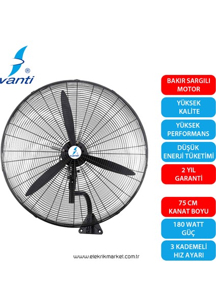 Zengezur VANTİ-KCF292-DV-SANAYİ Tipi Duvar Vantilatörü 75CM 180W