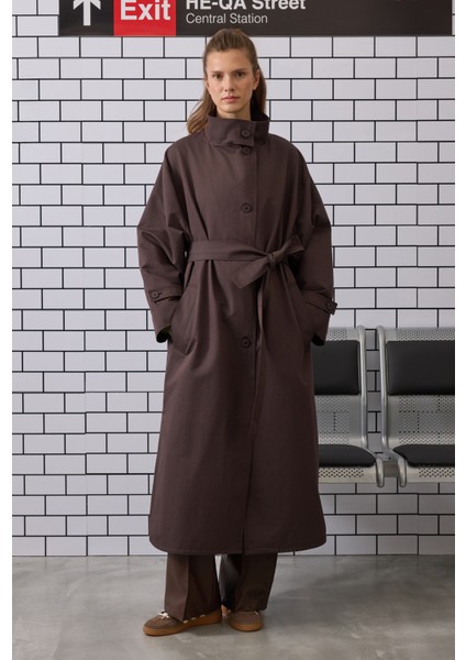 Funnel Uzun Trençkot Acı Kahve modelleri