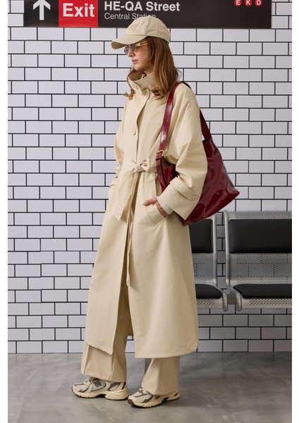 Funnel Uzun Trençkot Krem