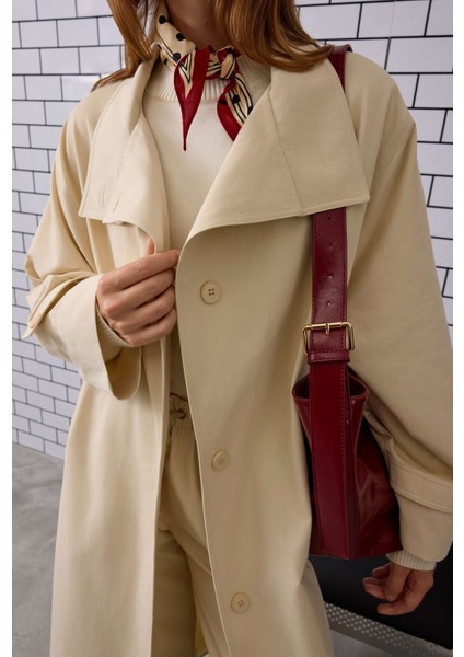 Funnel Uzun Trençkot Krem modelleri