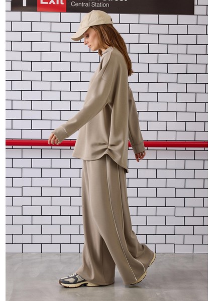 Kontrast Biyeli Eşofman Takımı Vizon