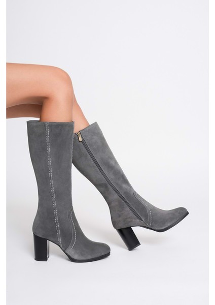 Kadın Hakiki Deri Topuklu Süet Çizme - Gri