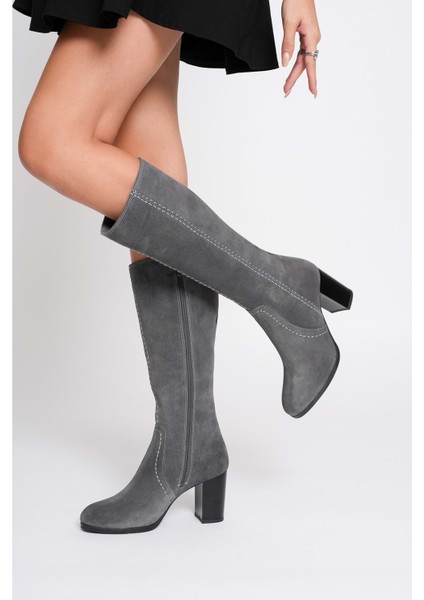 Kadın Hakiki Deri Topuklu Süet Çizme - Gri fiyatları