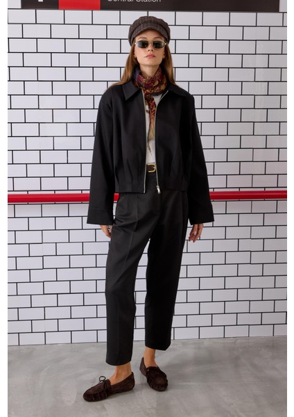 Pile Detaylı Poliviskon Ceket Siyah modelleri