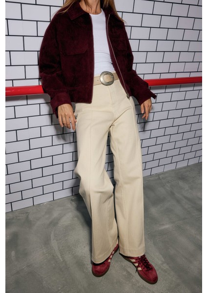 Nervürlü Denim Pantolon Ekru modelleri