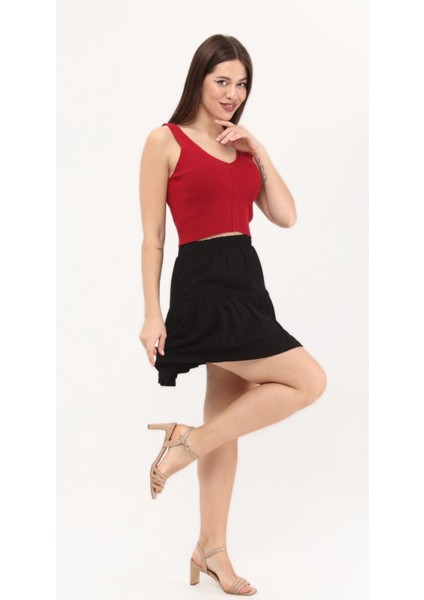 Siyah Belmando Midi Viskon Kumaş Şort Etek