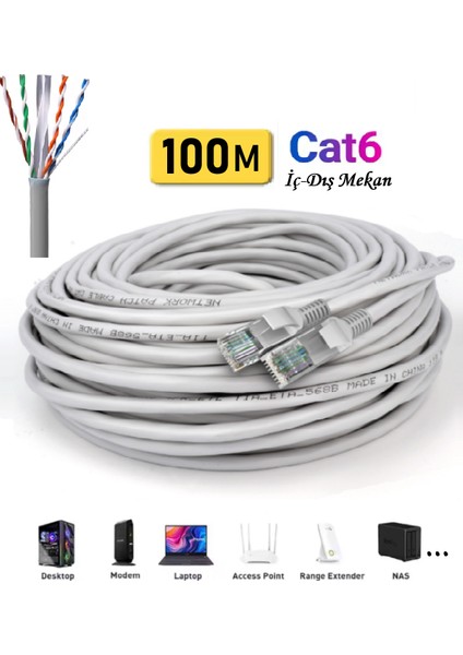 100 Metre Cat6 Internet Kablosu Utp Patch High Speed Açık Gri