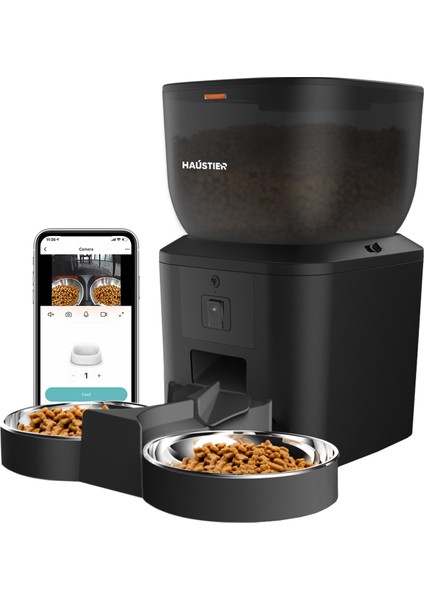 QQ025-DUAL Kameralı Akıllı Kedi Köpek Otomatik Mama Kabı, App Uzaktan Kontrol, Sesle Çağırma, 480P Kamera, 4lt Hazne, Çift Metal Kase