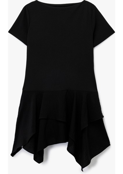 Kayık Yuvarlak Yaka Kısa Kollu Asimetrik Kesim Mini Tişört Elbise