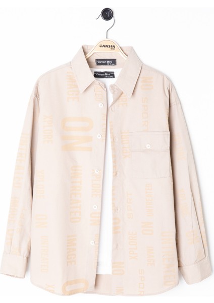 Bej Yazı Baskılı Gömlek Beyaz Tişörtlü Erkek Çocuk 2'li Takım 20139