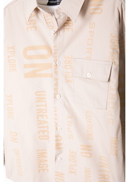 Bej Yazı Baskılı Gömlek Beyaz Tişörtlü Erkek Çocuk 2'li Takım 20139 modelleri