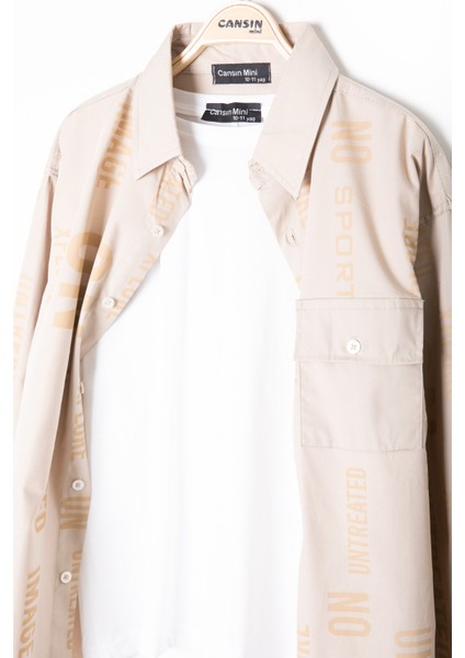 Bej Yazı Baskılı Gömlek Beyaz Tişörtlü Erkek Çocuk 2'li Takım 20139 fırsatları