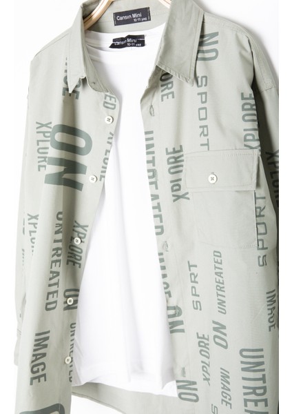 Haki Yazı Baskılı Gömlek Beyaz Tişörtlü Erkek Çocuk 2'li Takım 20138 modelleri