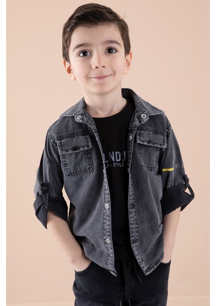 Füme Sırtı Baskılı Jean Gömlekli Tişörtlü Erkek Çocuk 2li Takım 20271