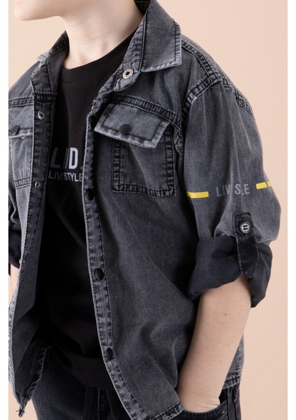 Füme Sırtı Baskılı Jean Gömlekli Tişörtlü Erkek Çocuk 2li Takım 20271 fiyatları