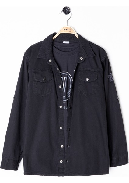 Siyah Bisiklet Yaka Tişörtlü Erkek Çocuk Göğüs Cepli Jean Gömlek 20079