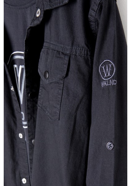 Siyah Bisiklet Yaka Tişörtlü Erkek Çocuk Göğüs Cepli Jean Gömlek 20079 modelleri