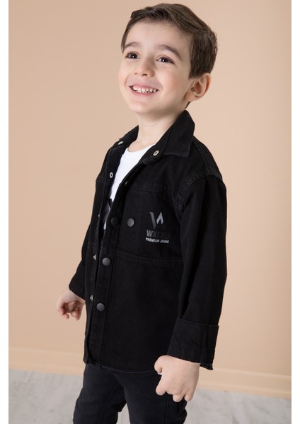 Siyah Yazı Baskılı Bisiklet Yaka Tişörtlü Erkek Çocuk Jean Gömlek 20077 modelleri