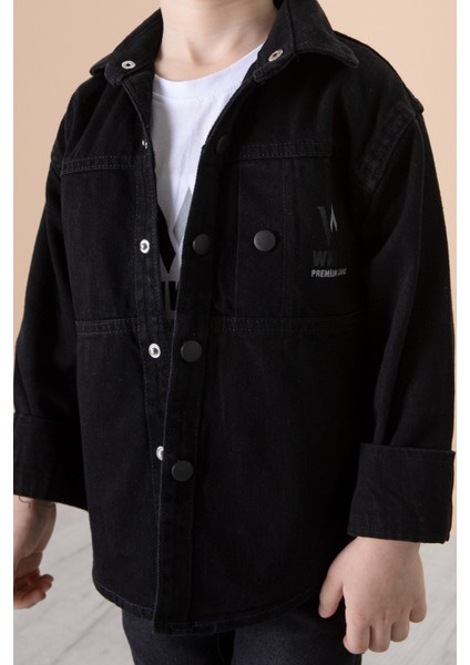 Siyah Yazı Baskılı Bisiklet Yaka Tişörtlü Erkek Çocuk Jean Gömlek 20077 fırsatları