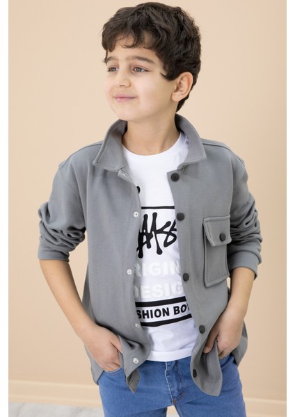 Füme Yazı Baskılı Tişörtlü Gömlekli Erkek Çocuk Takım 20304 modelleri