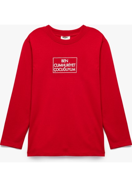 Pamuklu Uzun Kollu Bisiklet Yaka Cumhuriyet Baskılı Tişört