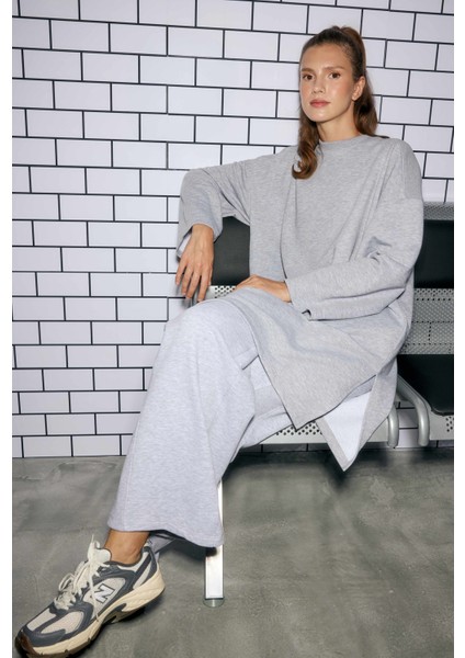 Uzun Rahat Kesim Sweatshirt Gri Melanj