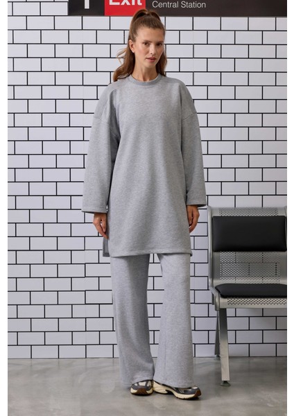 Uzun Rahat Kesim Sweatshirt Gri Melanj fiyatları