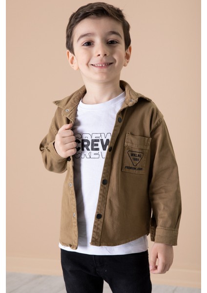 Erkek Çocuk Kahverengi Crew Yazılı Tişörtlü ve File Detaylı Gömlekli 2li Takım 20086