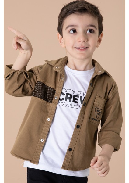 Erkek Çocuk Kahverengi Crew Yazılı Tişörtlü ve File Detaylı Gömlekli 2li Takım 20086 fiyatları