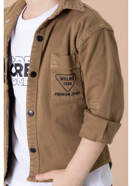 Erkek Çocuk Kahverengi Crew Yazılı Tişörtlü ve File Detaylı Gömlekli 2li Takım 20086 modelleri