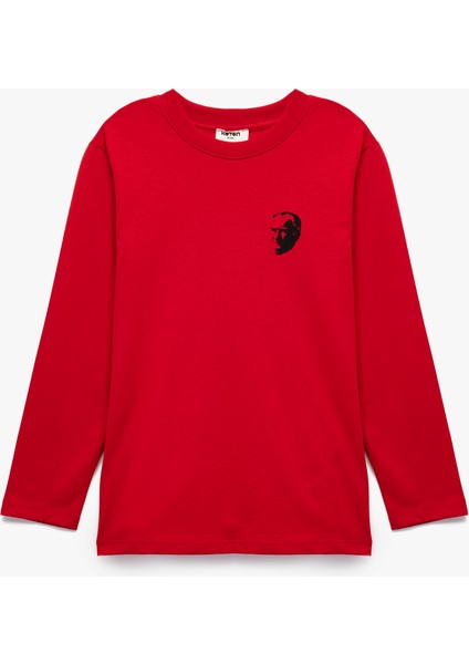 Pamuklu Uzun Kollu Bisiklet Yaka Atatürk Baskılı Tişört