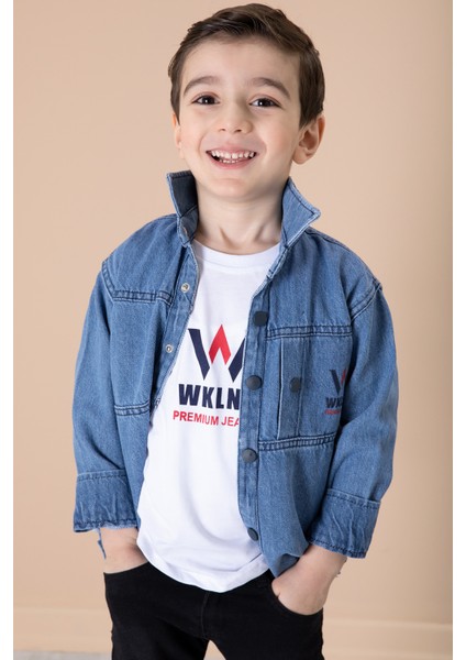 Mavi Yazı Baskılı Bisiklet Yaka Tişörtlü Erkek Çocuk Jean Gömlek 20078 fiyatları