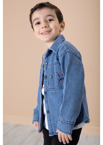 Mavi Yazı Baskılı Bisiklet Yaka Tişörtlü Erkek Çocuk Jean Gömlek 20078 modelleri